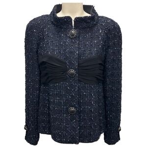 CHANEL NAVY / BLACK CHIFFON DETAIL TWEED JACKET